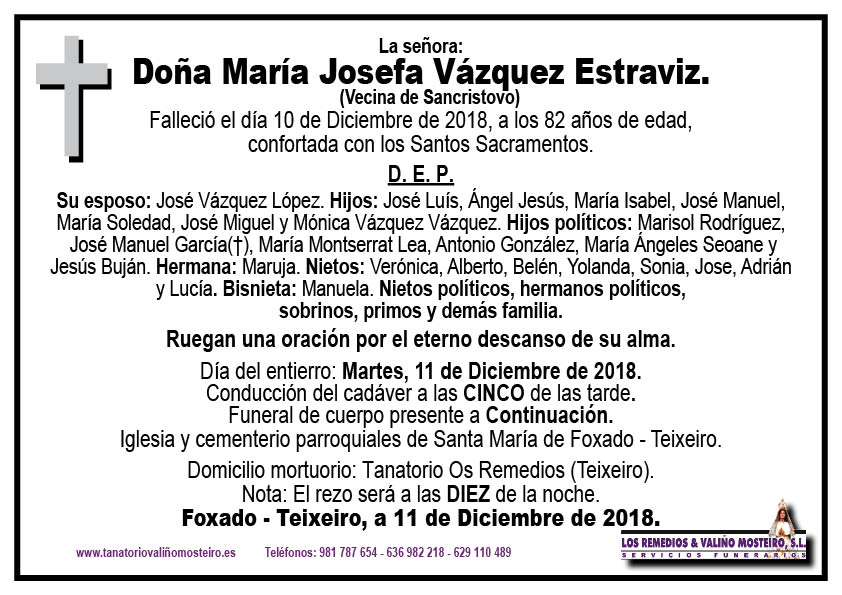 Esquela de María Josefa Vázquez Estraviz.